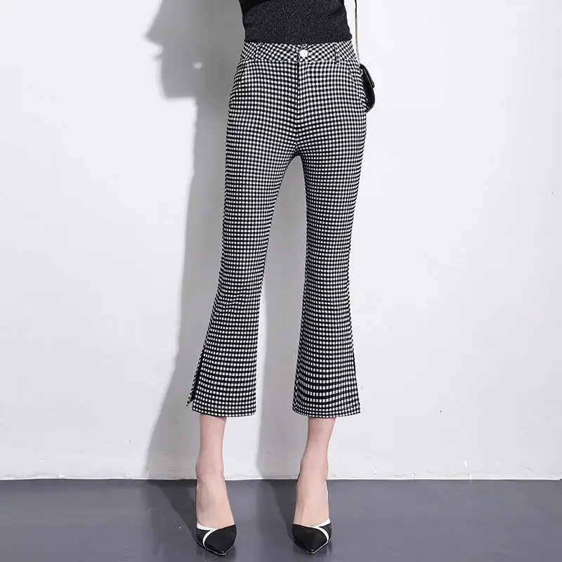 

Summer Slightly Flared Pants Women Plaid Casual Pants Cropped Split Stretch Slim Female High Waist Simple Commuter Woman Pants