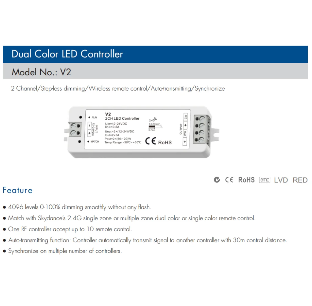 V2 LED Controller WW CW CCT 2CH 12V 24V DC 10A LED Dimmer RF 2.4G Wireless Remote Control for Single Color Dual White LED Strip