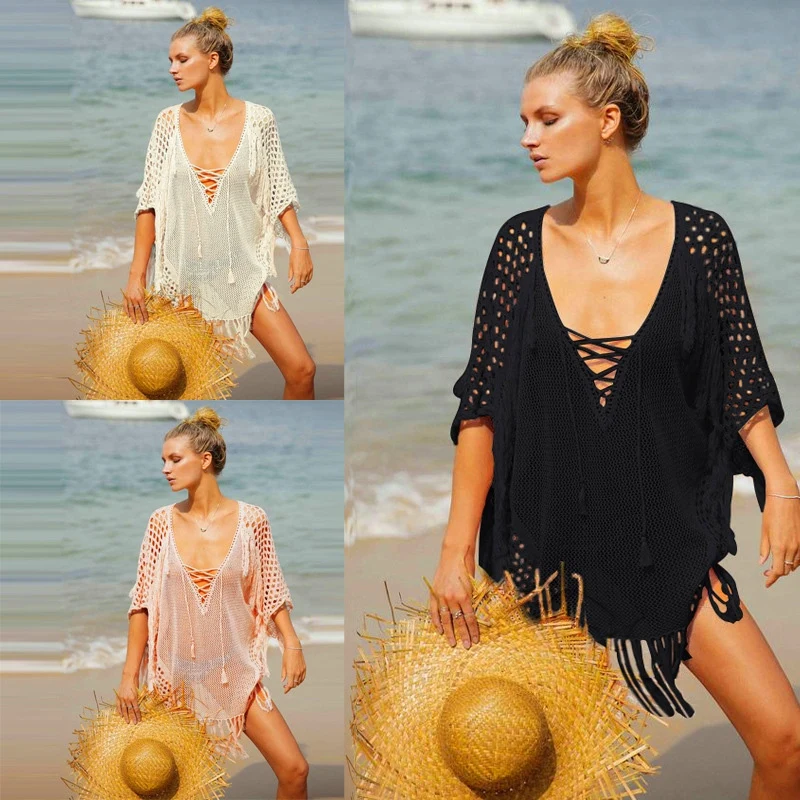 Okrycie plażowe ups drążą koronkowa tunika Tassel stroje kąpielowe szal kobiety Backles Bikini Saida de Praia Cover ups kobieta