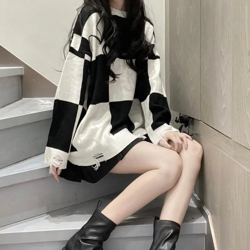 Plaid Sweaters Women Chic Hollow Out BF Harajuku Loose Long Sleeve Schoolgirls Pullover All-match Autumn Stylish Teens Knitwear