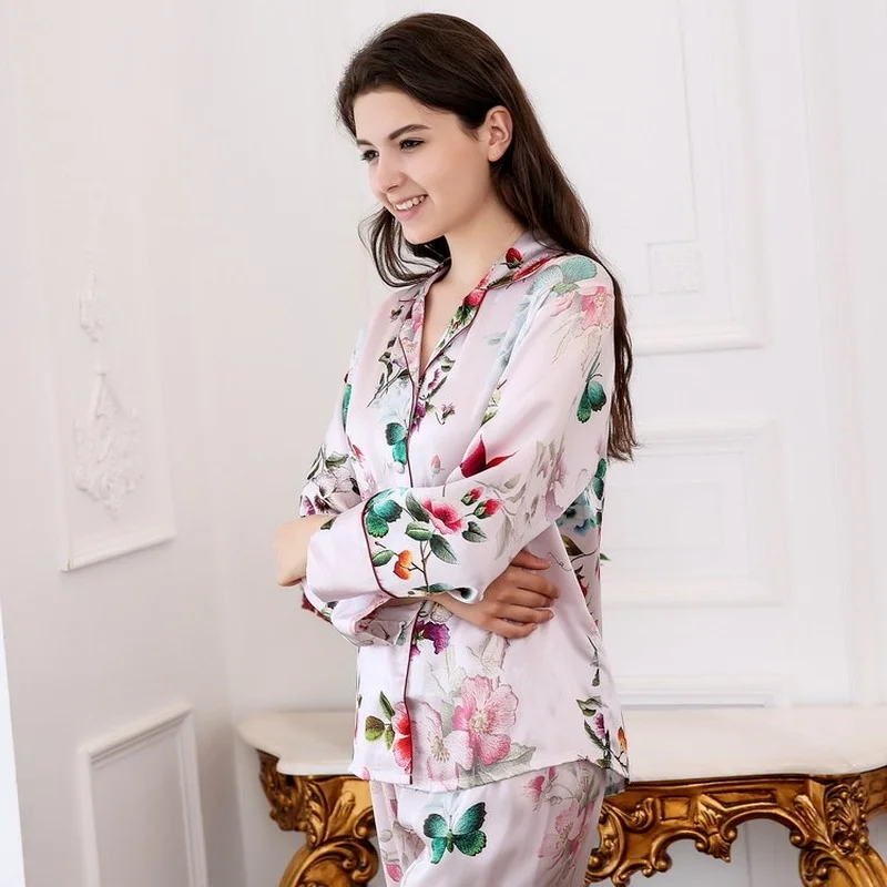 Kupokasi Pajamas for Women Summer Pyjamas Long-sleeved Trousers Mulberry Silk Sleepwear Two-piece Home Service Pijamas