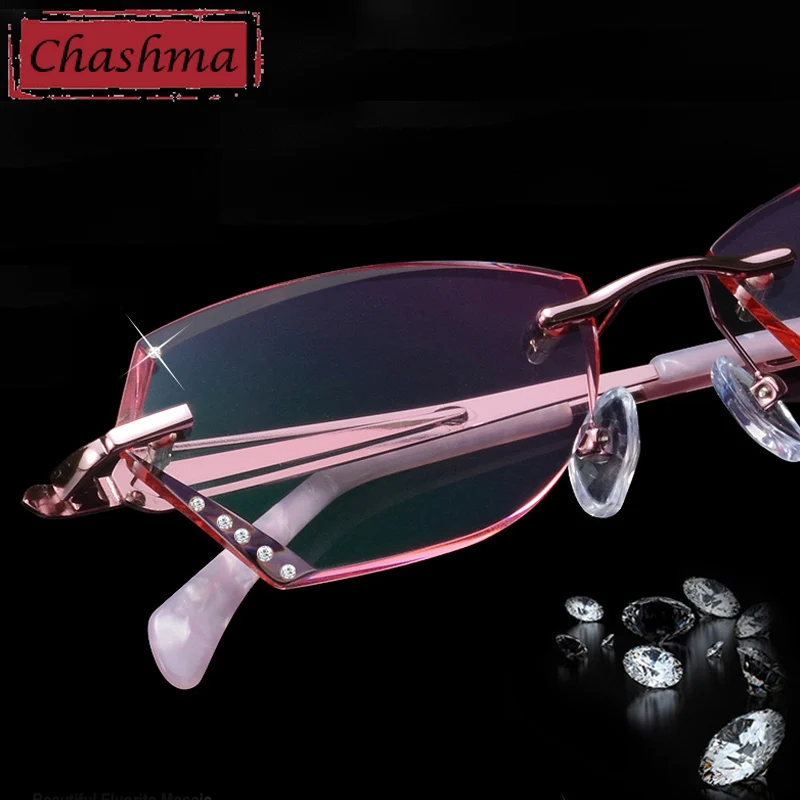 

Chashma Rimless Spectacles Titanium Men Fashion Eye Glasses Diamond Trimmed Frames Women Sunglasses Tint Lens