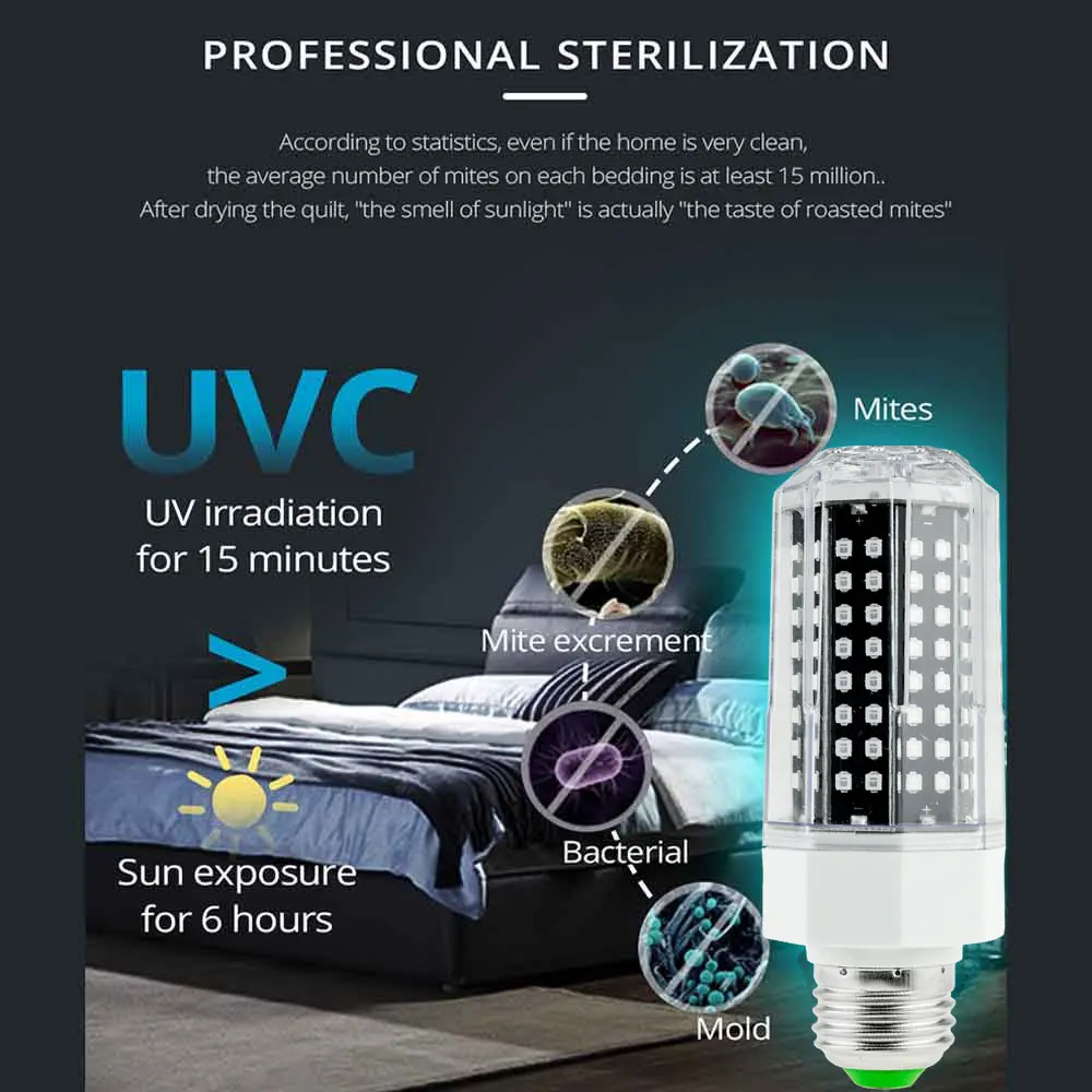 60W ​LED UV Germicidal Lamp 140LEDs E26 E27 E12 E14 B22 UV Sterilizer Light UVC Bulb Disinfectant LED UVC Lamp Sterilizer