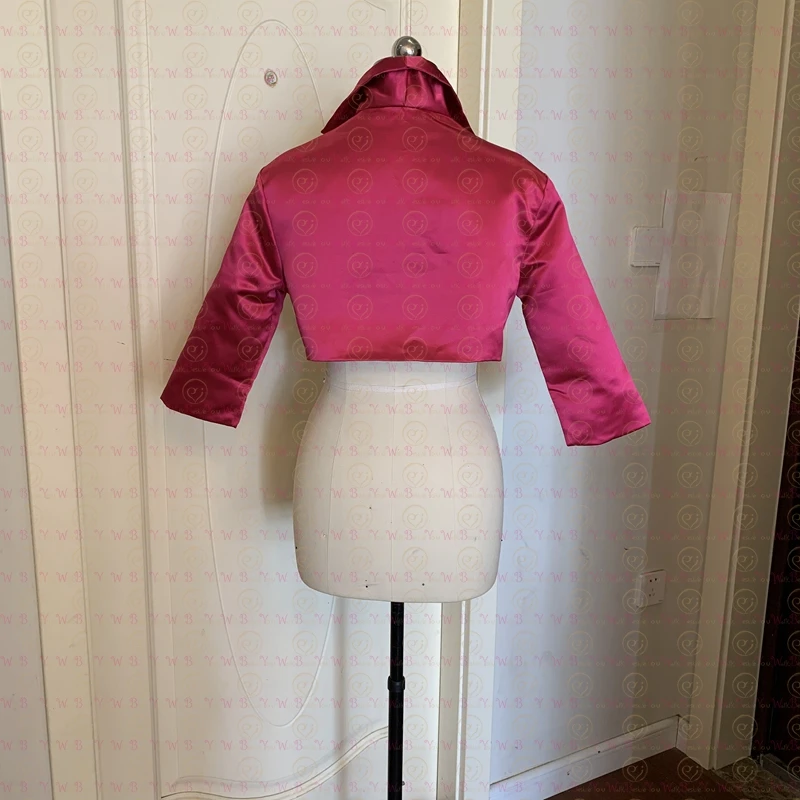 Fuchsia Satin Wedding Bolero 2023 Bride Jacekt with 3/4 Sleeves Collar cape mariage femme Women Shrug Party Top Custom made