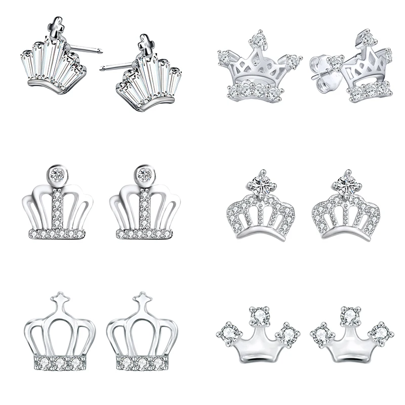 925 Sterling Silver Ear Studs Crown Princess Earring Zircon Crystal Crown Studs Earring for Girls Women Cute Princess Earrings