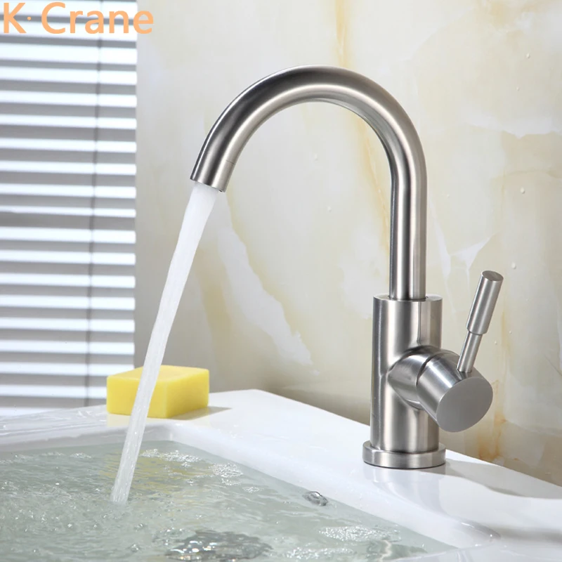 

Stainless Steel Brushed Faucets Bathroom Hot Cold Water Mixer Tap Single Handle Single Hole Kraan 360 Degree Swivel Torneiras