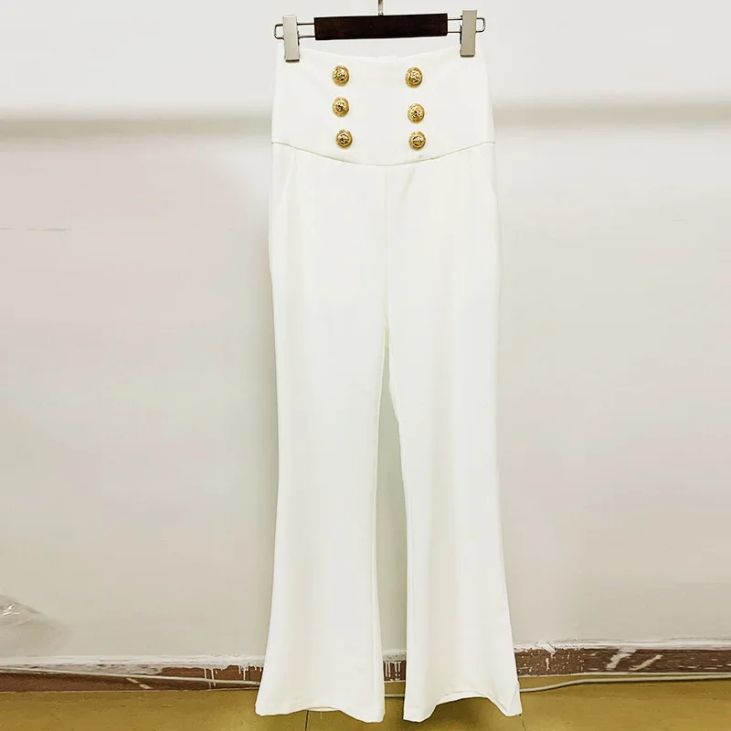 Black White Flare Pants Women 2021 New Double Breasted Gold Metal Lion Button High Waist Slim Full Length Office Casual Trousers