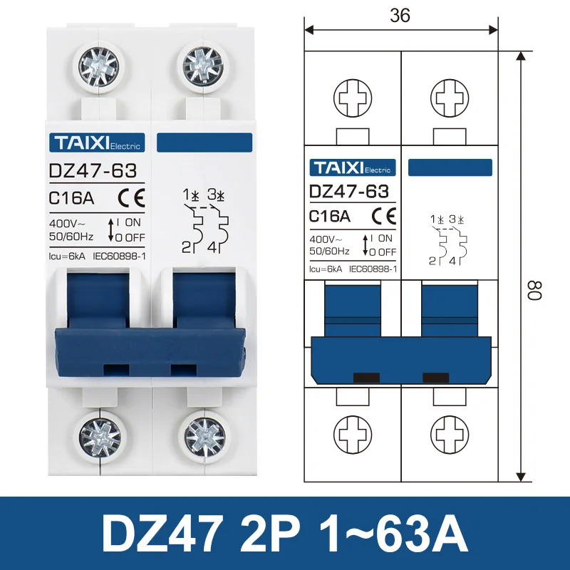 2P AC MCB DZ47 C Curve Type  230/400V Mini Circuit breaker 6A 10A 16A 20A 25A 32A 40A 50A 63A Power Switch