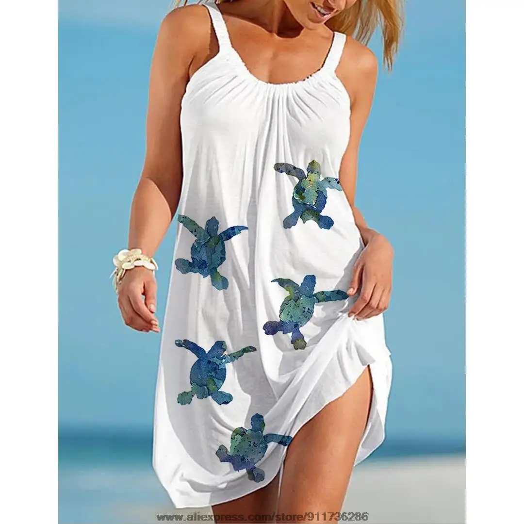 Vestido con estampado de tortuga para mujer, vestido playero Sexy sin mangas con cinturón y cuello Halter para verano, novedad de 2021