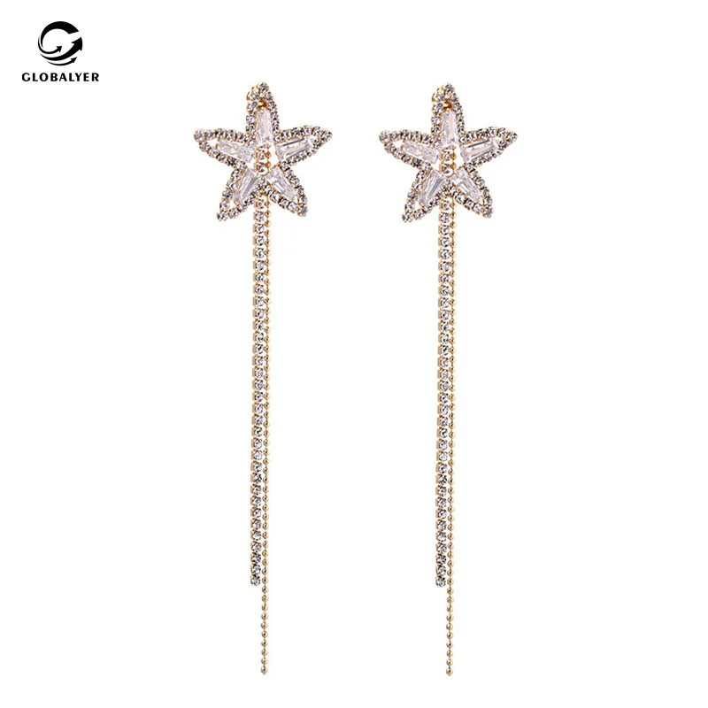 Earring Girl Temperament Star Crystal Long tassel Korean High level feeling French Net red Non allergic needle Earrings 708