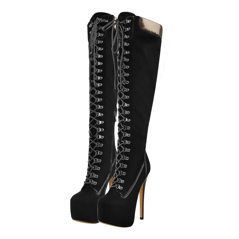 Onlymaker Women Platform Over The Knee High Boots Front Lace-Up Thin Heel Stiletto Stretch Cool Woman Big Size Boots