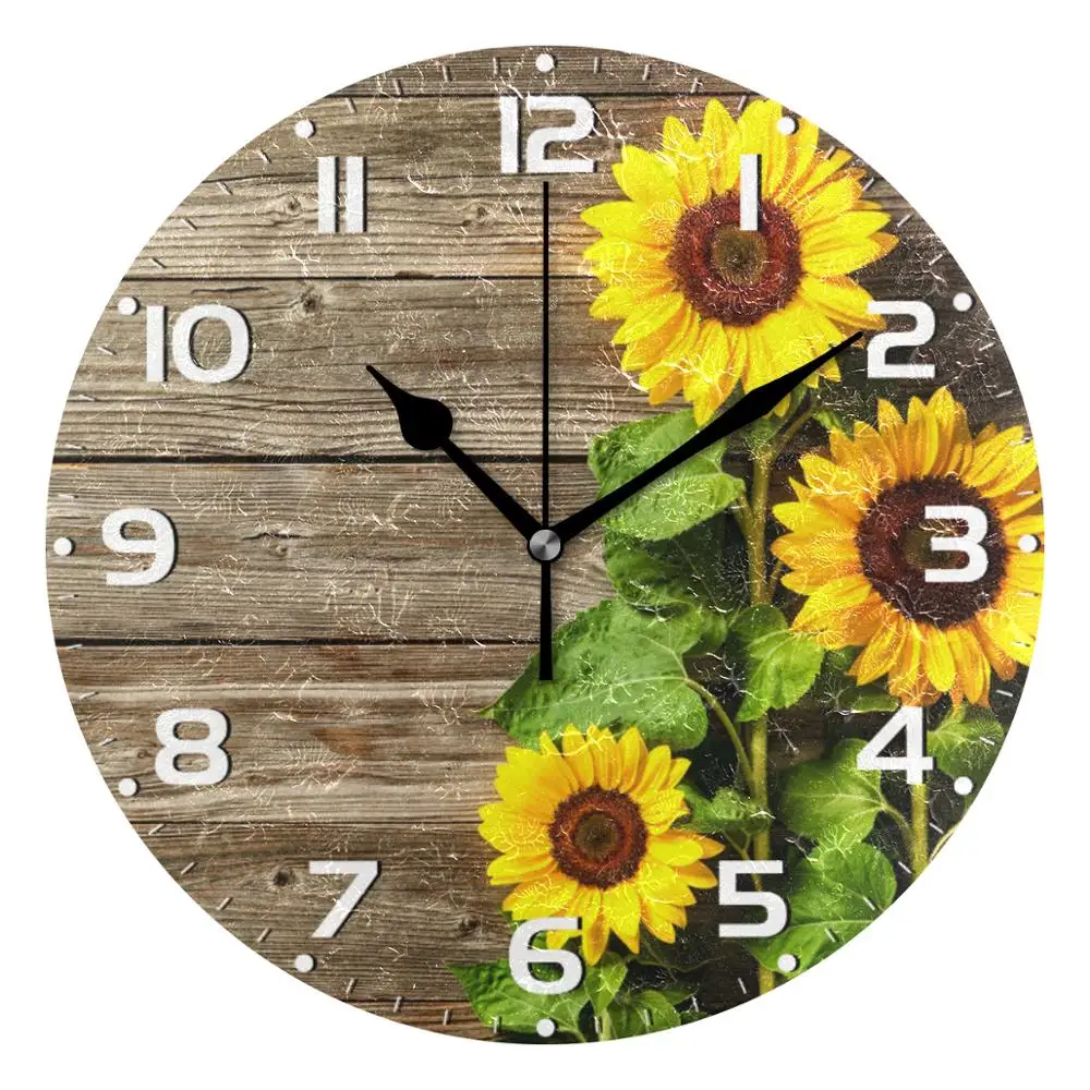 3D Sunflowers Vintage Wood Print Round Wall Clock Silent Wall Watch Battery Operated Quartz Analog Quiet Desk Clock for Home