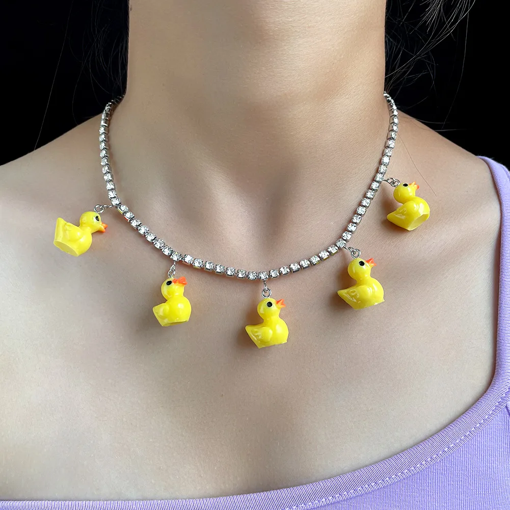 Candy Bear Little Duck Crystal Tennis Chain Necklaces For Women Colorful Mushroom Charm Rhinestone Necklaces Korean New Jewelry