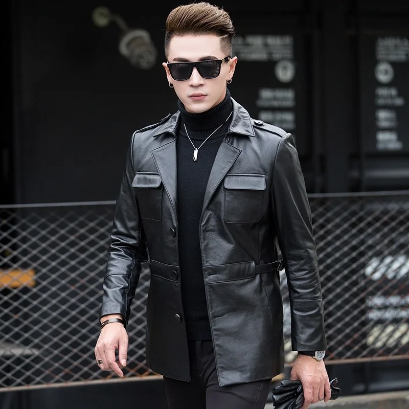 Winter New Mens Cow Leather Mid Long Jacket Slim Fit Business Man Single Breasted Genuine Leather Jacket Suit Wind Coat 4XL