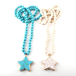 Fashion Bohemian Tribal Jewelry Turq/White Stone Long Knotted Pentagram Star Pendant Necklaces