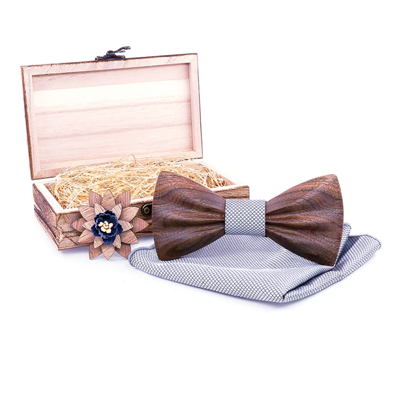 Novo design de madeira gravata borboleta para o casamento sólido xadrez bolso quadrado abotoaduras broche bowtie conjunto terno dos homens hanky