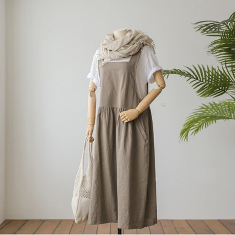 New 2026 Summer plus Size XL-5XL Cotton Linen Women\'s Sleeveless Tank Vestido Dress with Pockets Ladies Robe Style Clothing KE02