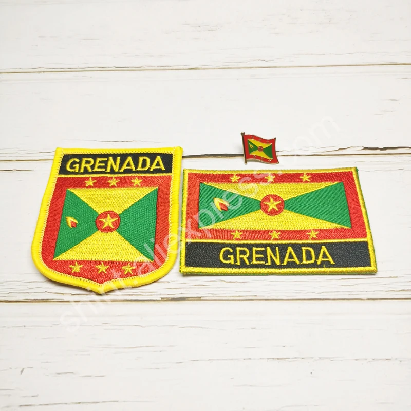 Grenada National Flag Embroidery Patches Badge Shield And Square Shape Pin One Set On The Cloth Armband   Backpack  Decoration