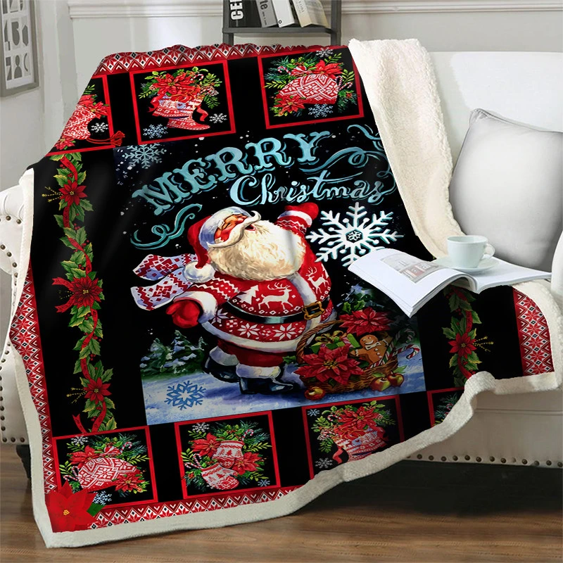 Merry Christmas 3D Santa Claus Soft Throw Blanket Flannel Fleece Sherpa Blankets for Beds Sofa Travel Picnic Warm New Year Gifts