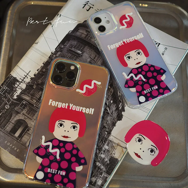 Yayoi Kusama Telefoonhoesje Transparant Zijdig Laser voor Iphone 16 15 14 Pro Max Cover Cartoon Met Standaard