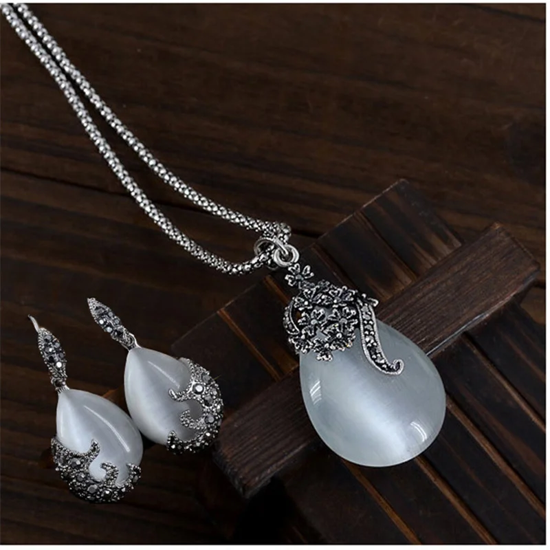 Vintage Elegant 925 Sterling Silver Color Fashion Opal Water Drop Pendants Long Snake Necklaces Earrings Women Jewelry Sets