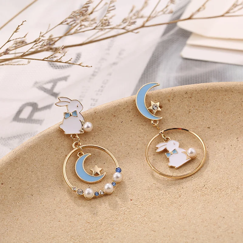 Pendientes asimétricos para adolescentes y mujeres, aretes de conejo, Luna, perla, estrella, cristal, Animal, joyería romántica, BT45T #34