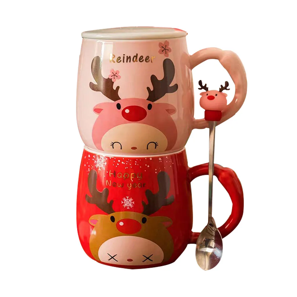 400ml Christmas Deer Red Mugs Instagram Pink Girl Heart Ceramic Mug Cartoon Couple Water Glass Coffee Bottle Spoon with Cover