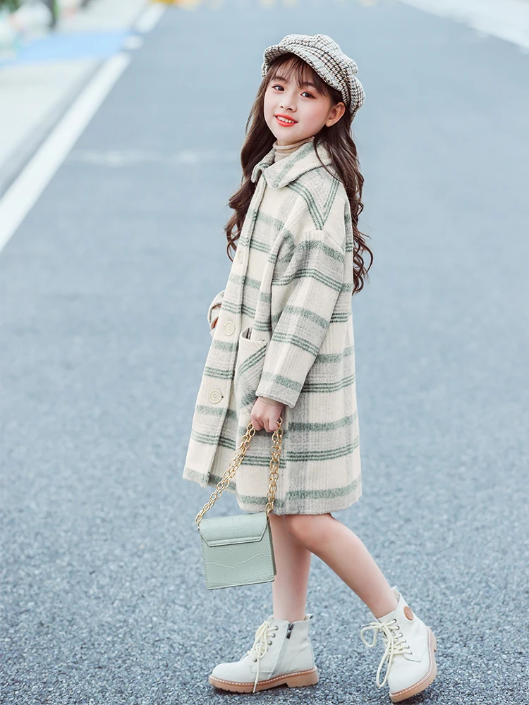 

Girls Woolen Coat Fall Winter Foreign Style Children's Thickened Quilted Mid-Length Woollen Clothes Teenager Kids Outerwear P384