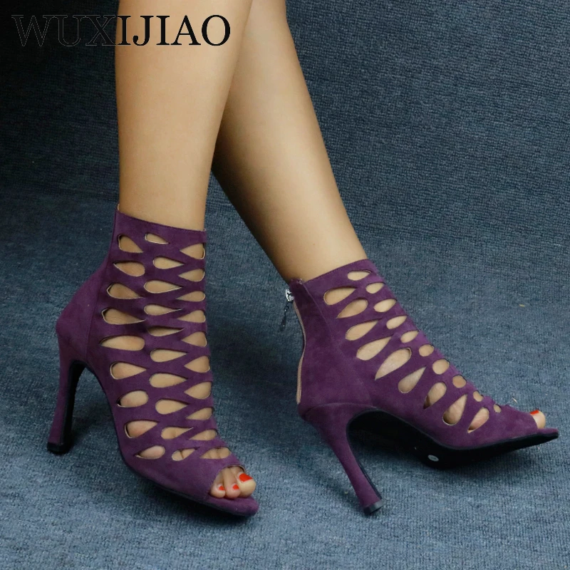 WUXIJIAO Ladies black mesh suede fashion cross strap sexy high heel sandals comfortable latin dance shoes salsa shoes