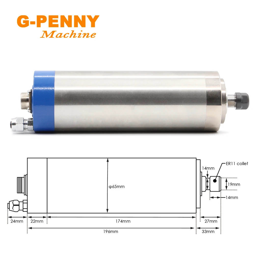 G-PENNY 1.2KW ER11 Water cooled spindle motor D65mm 400Hz Wood/Stone working spindle CNC Machine 4 pcs ball bearings