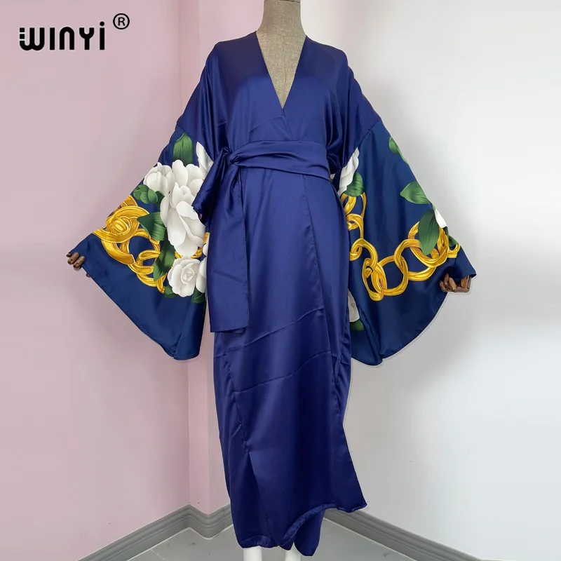 

2021 WINYI new Cotton Bikini Sweet Lady Pink Boho Print Self Belted Front Open Long Kimono Dress Beach Tunic Women Wrap Dresses