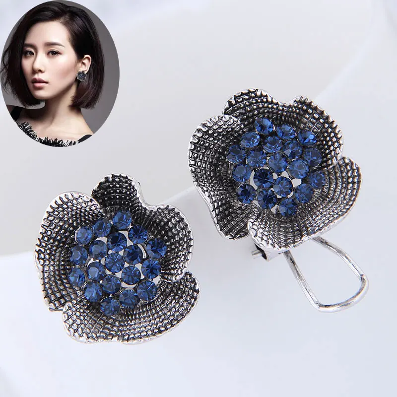 Kymyad Korean Fashion Stud Earrings For Women Vintage Crystal Flower Earring Exquisite Alloy Antique Silver Brincos