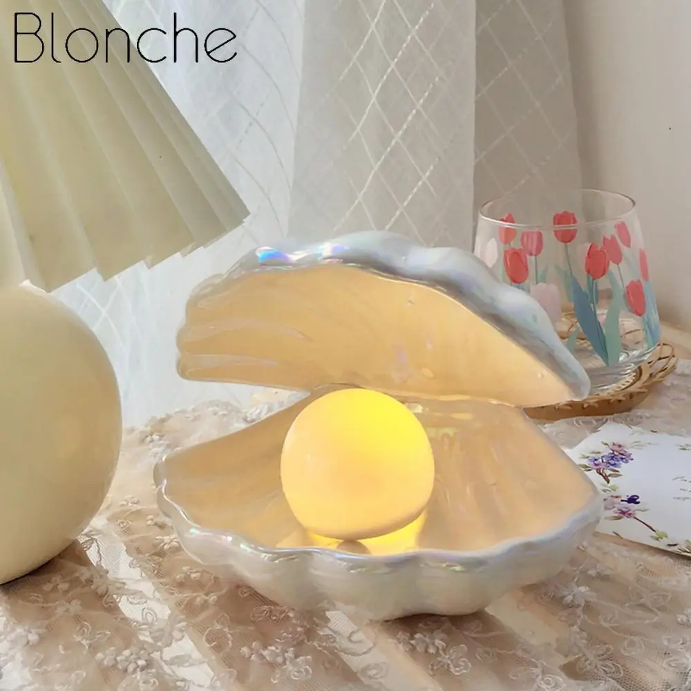 Hot Ceramic Shell Pearl Night Table Light Fantasy Mermaid Fairy Bedroom Bedside Lamp Storage Lighting Home Decor Birthday Gift