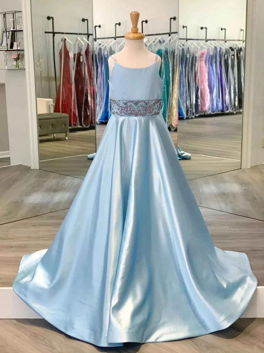 Sky Light Blu Dress Pageant per la Bambina 2020 Una Linea di Spaghetti del Collo di Raso Rosso Lungo Della Ragazza Convenzionale Del Partito Di Compleanno di Usura abiti