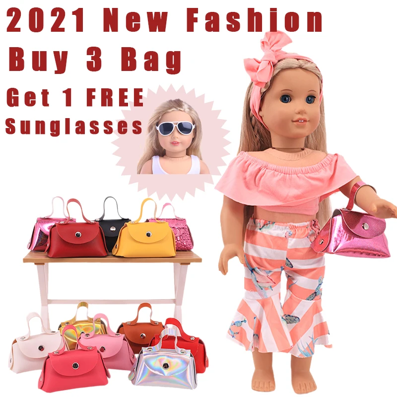 Puppe Zubehör Leder Glänzend Satchel Rucksack Freies Sonnenbrille Fit 18 Zoll American & 43 Cm Geboren Baby 1/3 Blyth Puppe für Mädchen