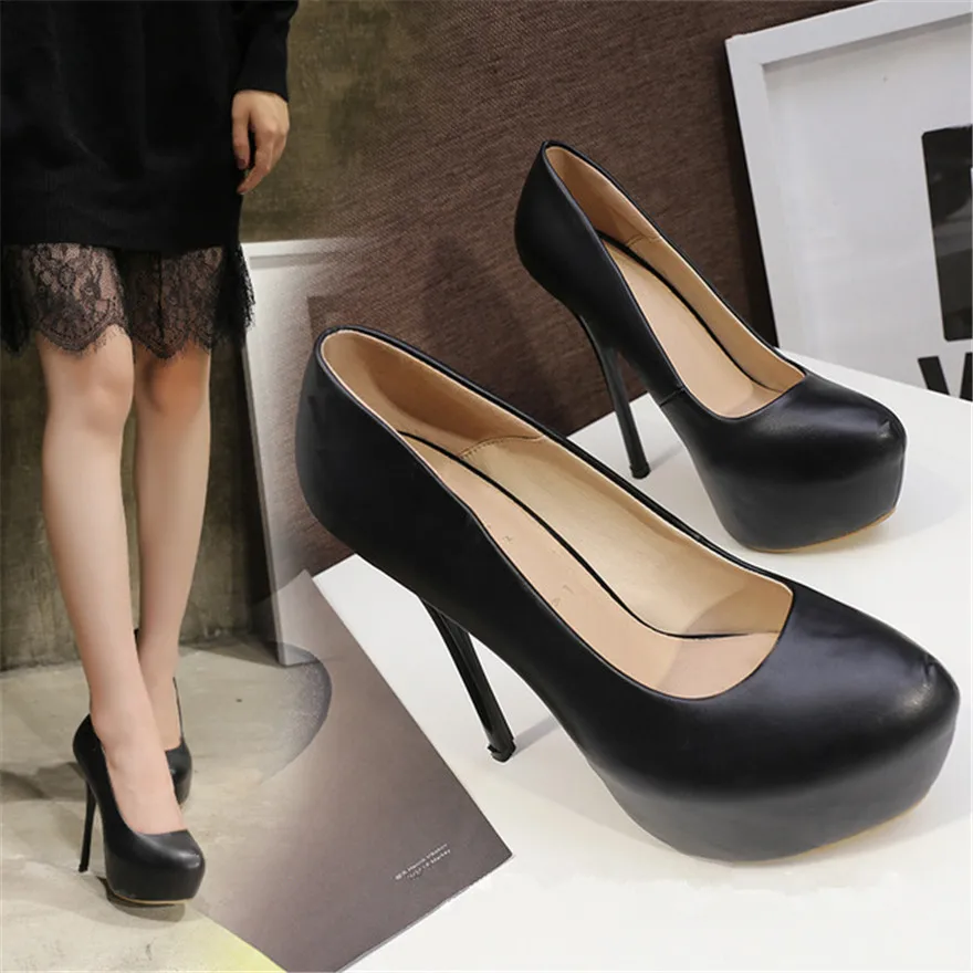 Big Size 35-47 Soft Leather Sexy Platform Women Pumps 14CM Super High Heel Round Toe Shallow Lady Office Shoes Party Black White