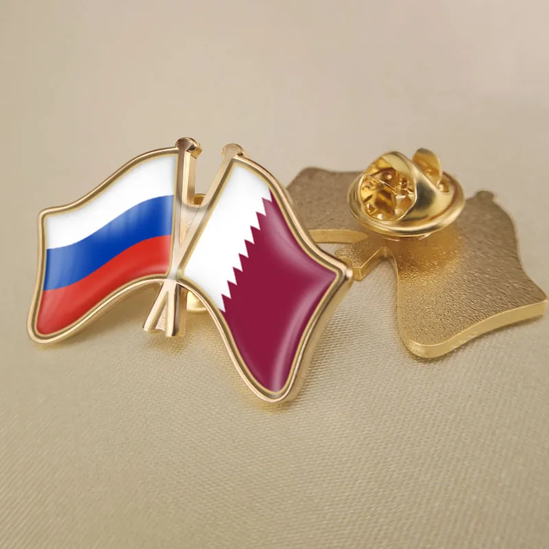 Russian Federation and Qatar Crossed Double Friendship Flags Lapel Pins Brooch Badges