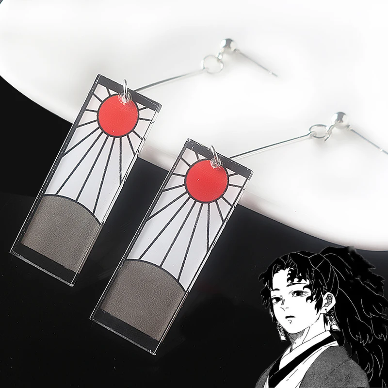 Pendientes de Cosplay de Anime Demon Slayer Tsugikuni Yoriichi, Kimetsu no Yaiba Kamado Tanjirou, Clips acrílicos para las orejas, regalo de joyería para hombres y mujeres