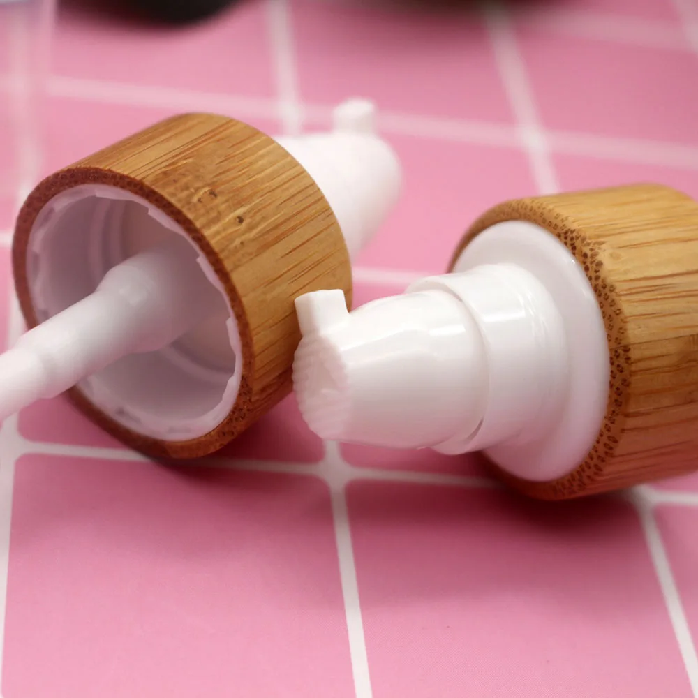 Eco Friendly Spray Emulsion Pump Bamboo Cover 20/24 Caliber Cosmetic PET Plastic Glass Bottle Cap Lid