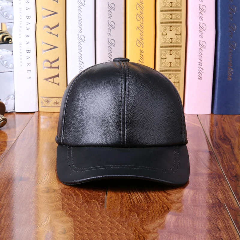 Men Women Real Cowhide Leather Earlap Caps Male Female Fall Winter 100% Real Cow Leather Hats New Casual Outdoor Baseball Cap