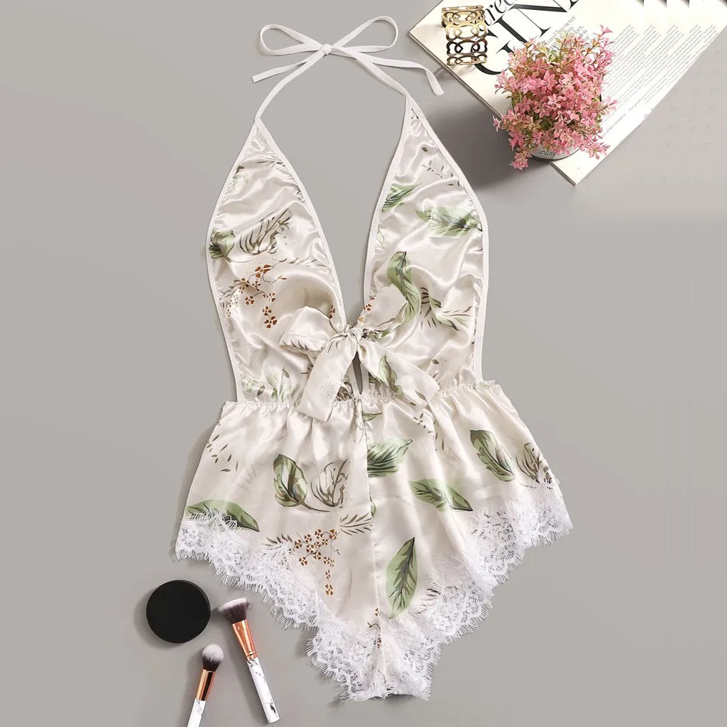 StylishBar Silk Sleepwear Women Lingerie Women Printed Lace Stain Bow Lingerie Bodysuit Backless Pajamas Silk Jumpsuit Underwear