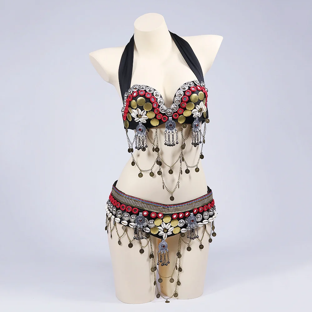 Hard Cup Tribal Belly Dance Coins Bra Belt & Armbands with Mirrors Shells Afghani Jewelry Accents Women ATS Costume Set