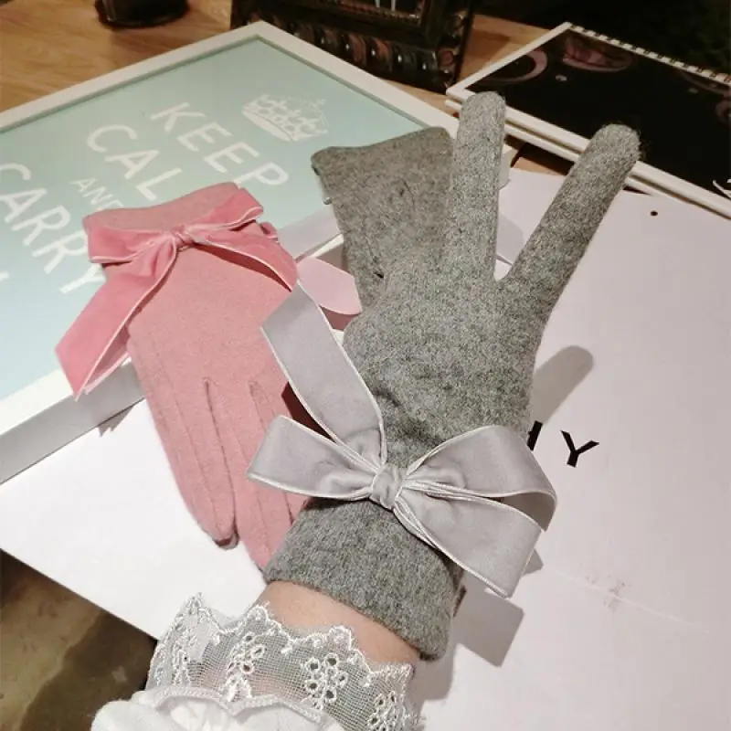 Ribbon Bow Cashmere Five-fingered Gloves For Autumn And Winter Korean Style New Fashion Split Finger Warm Gloves Women