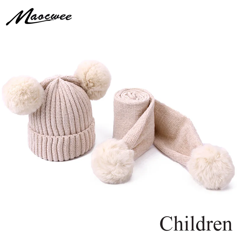 Cute Baby Pompon Hat Scarf Set Thicken Warmer Children Hat Scarf For Girls And Boys Knitted Kids Caps With Lining Two Piece Sets