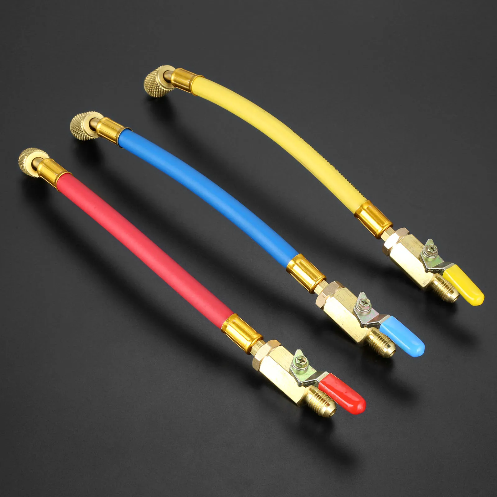 

9.8" 1/4" SAE R134A R410a Brass AC Refrigerant HVAC AC Charging Hoses with Ball Shut Off Valves 250mm 600Psi