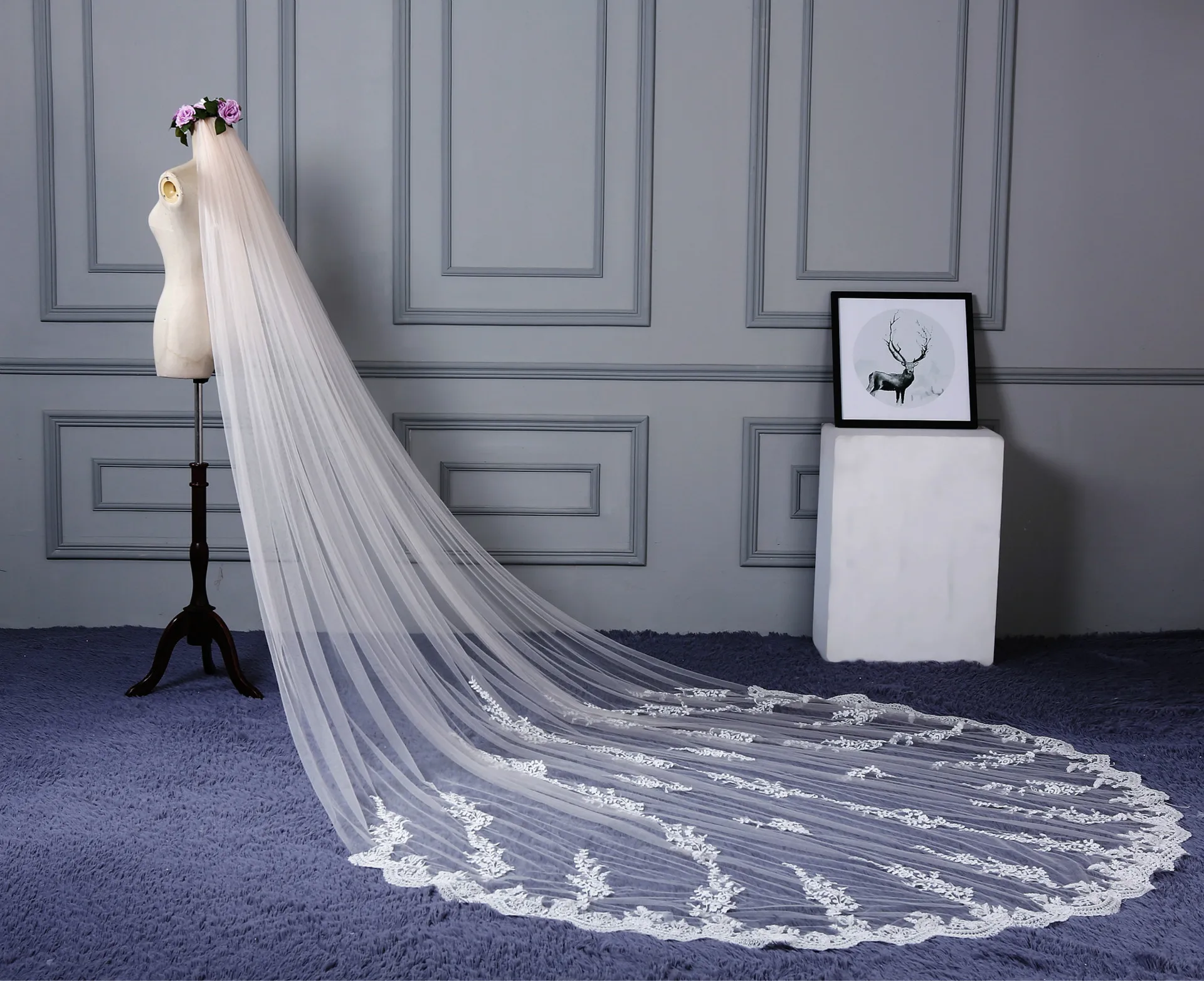 118 "Lang, 110" Breed 1 Layer Kant Applique Bruiloft Sluier Kathedraal Lengte Bridal Veil Met Kam