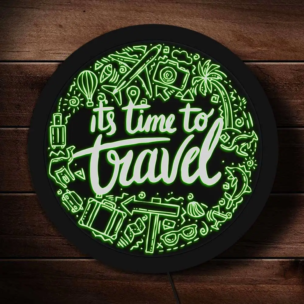 It's Time To Travel Adventure Suitcase Color Changing Wall Light Vacation Holiday Trips Travel Souvenir Gift Rounded Neon Sign