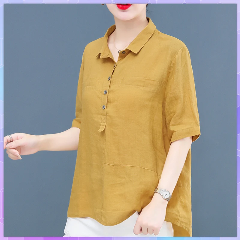 Ramie Oversized T-shirt Women's Tee Shirt Summer Short-sleeved Tshirt Femme 2021 Cotton And Linen Ladies T-shirts Turn-down Tops