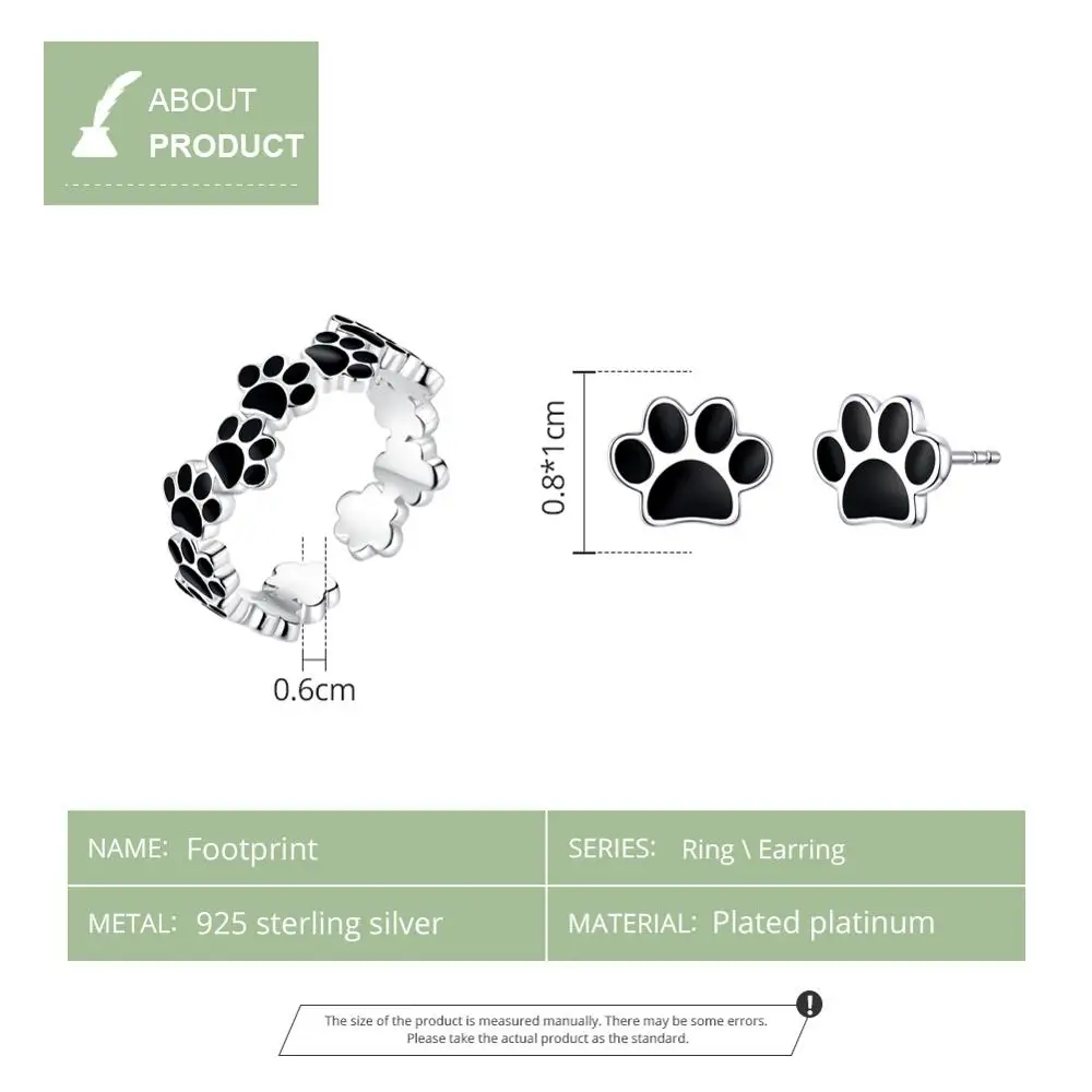 WOSTU Authentic 925 Sterling Silver Footprint Paw Dog Ring For Women Adjustable Open Balck Rings Party Fashion Jewelry CQR603