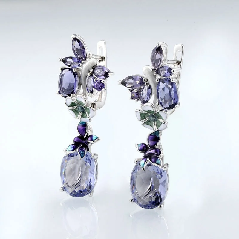 Luxury Dangle Earrings for Women Silver Purple Crystal Flower Floral Pattern Custom Drops Earring Elegant Banquet  Jewelry